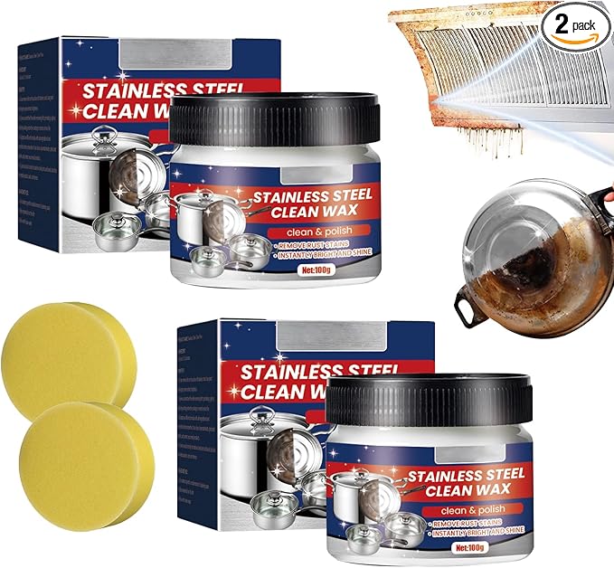 2PCS Stainless Steel Clean Wax, Magical Nano-Technology Stainless Steel Cleaning Paste, Stainless Steel Cleaner and Metal Polish, 3 In 1 Stainless Steel Wax Cleaner for Grease, Oven, Sink