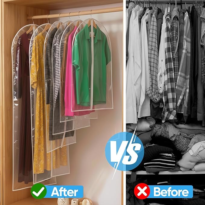 All Clear Garment Bags for Travel - 32” PEVA Waterproof Suit Cover with Zipper for Hanging Clothes, Shirts, Sweaters - Durable Dresser for Closet Storage, Dustproof & Moisture Resistant - 32”/6 Pack