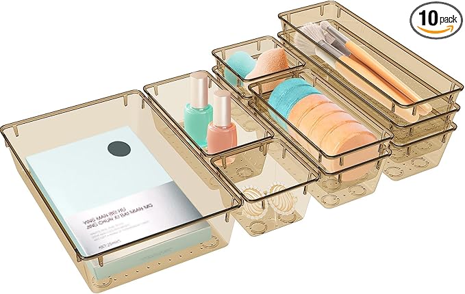 StorMiracle 10 PCS Drawer Organizer Set, 5 Varied Size Bathroom and kitchen Drawer cabinet organizer Trays, Clear Storage Bins for Makeup, Jewelry, Utensils and Gadgets, Champagne