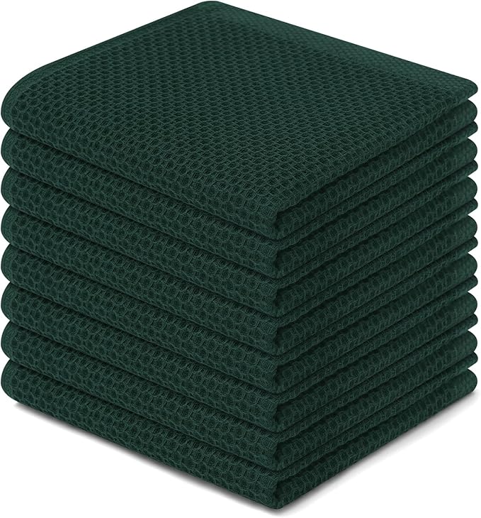 Homaxy 100% Cotton Waffle Weave Kitchen Dish Cloths, Ultra Soft Absorbent Quick Drying Dish Towels, 12 x 12 Inches, 8-Pack, Blackish Green
