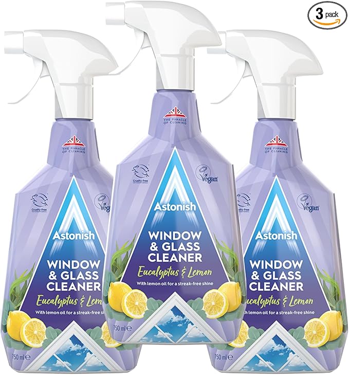 Astonish Streak Free Window & Glass Cleaner 3 Pack Spray Bottles With Vinegar For Deep Cleaning - Eucalyptus & Lemon Scented Home & Bathroom Cleaner - Cruelty Free Household Cleaning Supplies, 750ml