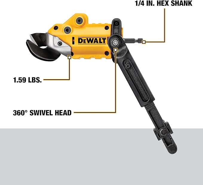 DEWALT Metal Shear/Cutter Drill Attachment, Impact Ready, 360 Degree Pivoting Head, Cuts 18GA Material (DWASHRIR)(Yellow, Black)