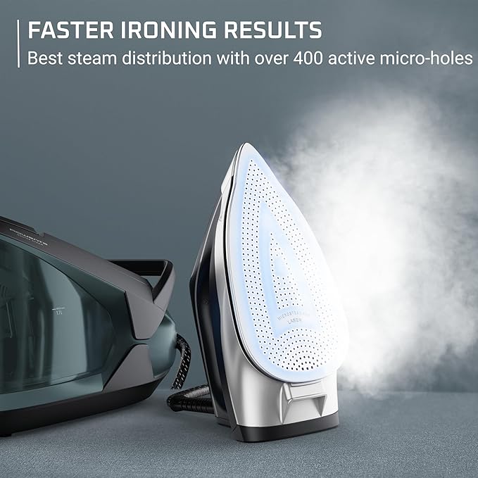 Rowenta Iron Steamer for Clothes, Master Steam Station, Professional Steam Iron For Clothes with Stainless Steel Soleplate 57 oz, 400 microsteam holes, Built-In Pump, 1750 watts, Black Green, VR8338