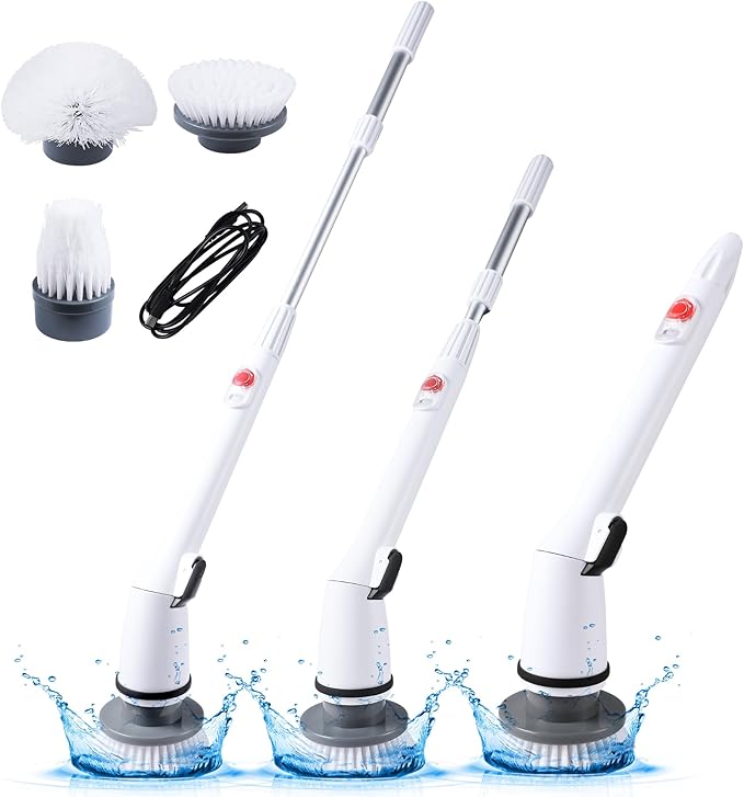 Cordless Electric Spin Scrubber,380RPM High Speed Rotation,Fast Charging-Long Lasting,Power Scrubber with 3 Replaceable Scrubbing Brush Heads for Cleaning Bathroom Bathtubs, Tile Gaps, Mirrors