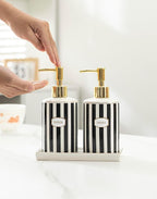 Luxury Black & White Ceramic Soap Dispenser Set with Gold Pump – 3-Piece Bathroom & Kitchen Accessories Set with Tray, Refillable Lotion & Dish Soap Pump Bottles, Elegant Modern Home Décor