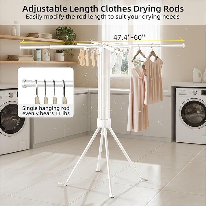 Clothing Drying Racks Folding Laundry Clothing Rack with 16 Clips Retractable Clothes Drying Rack Collapsible Towel Rack Drying Rack for Indoor, RV, Dorm, Yard, Camping, Outdoor