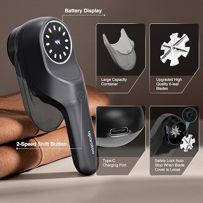 Fabric Shaver and Lint Remover with 2 Extra Blades, Led Digital Display Fabric Shaver for Furniture, 2 Speeds Powerful Ball Remover for Clothes Sweater Sofa Carpet (Black)