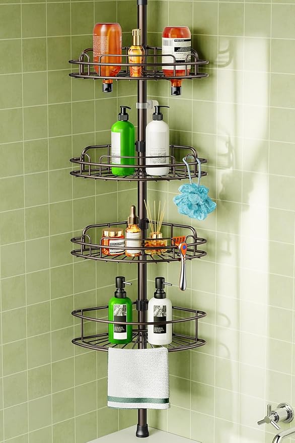 HAMITOR Corner Shower Caddy Tension Pole: 4-Tier Rust-Resistant Adjustable Bathroom Organizer Shelves - 47-121 Inch No-Drill Quick Installation - Space-Saving Storage for Renters Families - Bronze