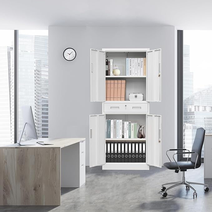 Metal Storage with 1 Drawer, 71" Cabinet with 4 Locking Doors and 2 Adjustable Shelves, Steel Storage File Cabinet for Pantry, Kitchen, Office, Garage (White)