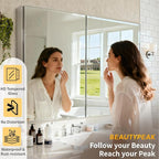 BEAUTYPEAK Bathroom Medicine Cabinet Mirror with Storage, 40 Inch x 26 Inch Silver Medicine Cabinet with Double Door & Adjustable Shelves for Vanity, Tempered, Aluminum Surface, Wall-mount or Recessed