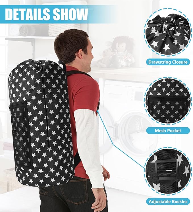 Portable Laundry Bag Backpack with Adjustable Straps & Mesh Pocket - Drawstring Closure for College, Apartment, Camping (Star Shape)
