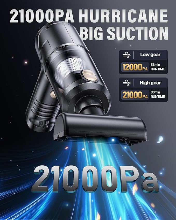 Handheld Car Vacuum Portable Cordless, 21000Pa High Power Handheld Vacuum with 2 Gear Adjustment - Brushless Motor，4 in 1 Air Duster and Vacuum Cleaner with LED Light，Dual Filters，for Home Car Office