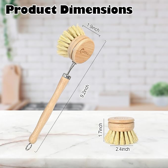 Bamboo Dish Brush with Handle - 4 Replacement Heads, Eco Soft Bristles Vegetable Scrubber, Compostable & Sustainable Dish Scrub Brush for Cleaning Kitchen Utensils
