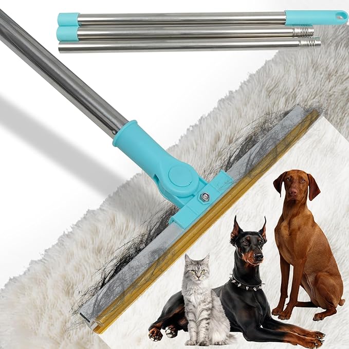 Pet Hair Remover for Carpets with 3 Lengths Adjustable Handle (23-54") - Stand-Up Tool to Remove Matted Dog & Cat Hair from Deep Pile Rugs, Stairs, Under Furniture
