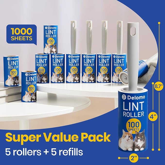 DELOMO Lint Roller 1,000 Sheets (5 Rollers + 5 Refills) - Lint Rollers for Pet Hair Extra Sticky, Mega Value Pet Hair Removal Tool for Clothes/Couch/Furniture/Car - Ideal for Pet Owners