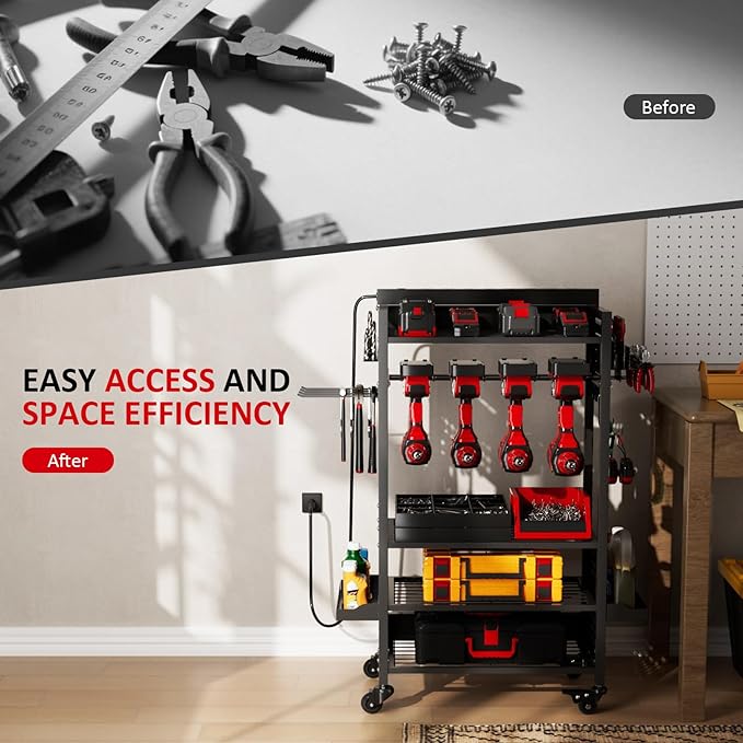 Power Tool Organizer Cart with 8 Charger Ports & Adjustable Storage, Garage Workshop Utility Cart for Mechanic, Birthday Gift Ideas for Men