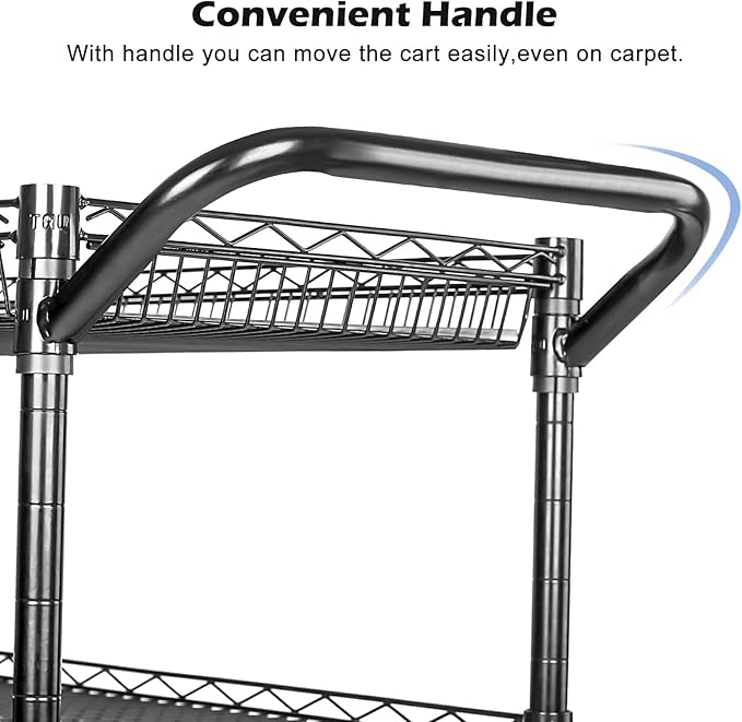 WDT Heavy Duty 3 Tier Utility Cart,Wire Rolling Cart with Wheels, Commercial Grade Service Cart with Shelving Liners and Handle Bar Metal Carts for Kitchen Office Hardware (750LBS Capacity Black)