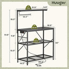 Huuger 4-Tier Bakers Rack with Reversible Power Outlet, 31.5 Inch Microwave Stand, Kitchen Bar, with Top Shelf, 6 S Hooks, Black