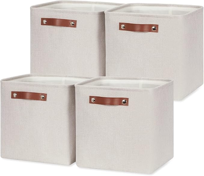 HNZIGE Cube Storage Baskets,Linen Storage Baskets for Shelves(4 Pack) Fabric Storage Basket for Toys,Baskets for Storage,Foldable storage cubes 11x11x11 for Books,Towels,Closet with Handles(Cream)