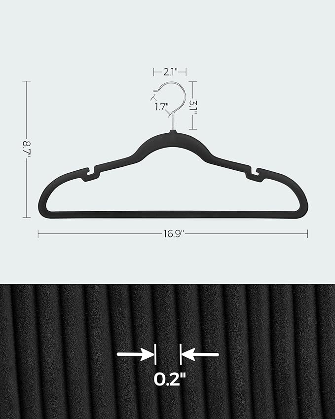 SONGMICS Velvet Hangers 30 Pack, Non-Slip Clothes Hangers with Shoulder Notches, Pants Bar, 360° Swivel Hook, Space-Saving, for Closet, Ink Black UCRF029B03