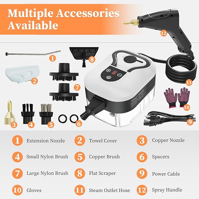 Steam Cleaner, Handheld Steam Cleaner for Home Car Furniture Bathroom, 2500W High Pressure Steam Cleaner, 1.2L Water Capacity, 6 Adjustable Speeds, 4 Brush Heads, Steamer for Cleaning (White)