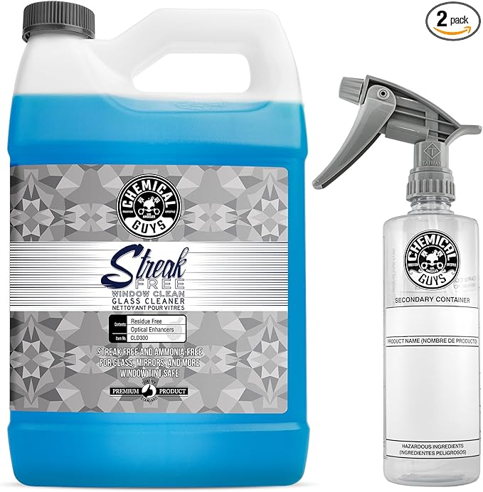 Chemical Guys CLD300 Streak Free Glass & Window Cleaner (For Glass, Windows, Mirrors, Nav. Screens & More; Car, & Home) Ammonia Free & Safe on Tinted Windows, 128 fl oz + ACC151 Spray Bottle, 16 oz.