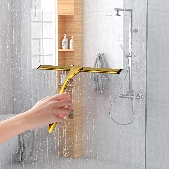 Shower Squeegee and Window Squeegee, Stainless Steel, 100% Streak-Free, Cleaner for Bathroom Showers Glass Doors, Home Mirrors, Car Windows Wiper, Adhesive Holder, Shower Door Hook, 10 Inch, Gold