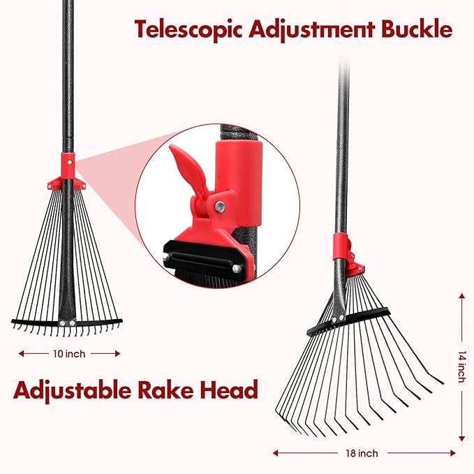 BsBsBest 61 Inch Rake for Leaves with 18 Metal Tines 10-18" Expandable Head Rakes Adjustable Handle for Lawn Leaf Rake Yard Tools for Collecting Leaves, Grass Clippings, Garbage