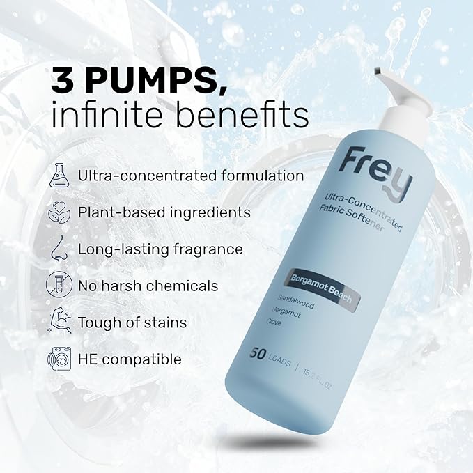 FREY Natural Liquid Fabric Softener & Conditioner | Laundry Softener for Clothing | Works In All Machines + HE | Powered by Natural Ingredients (2-pack, Bergamot Beach)