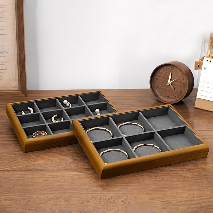 Oirlv Solid Wood Multifunctional Ring Earrings Studs Bangle Jewelry Organizer Tray Jewelry Drawer Organizer(Grey)