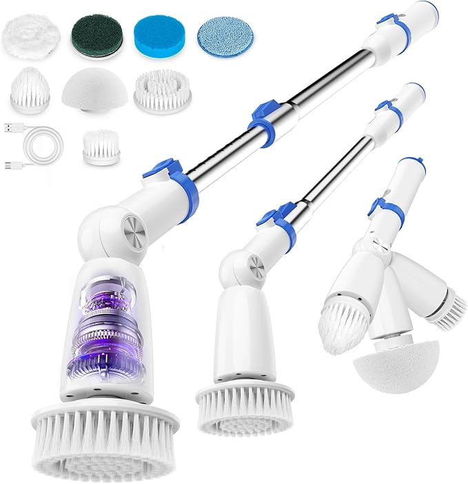 BEAUTURAL Cordless Electric Spin Scrubber, Efficient & Effortless, 2 Adjustable Speed & 3 Length with 8 Brush Heads – Bathroom, Kitchen, Tile & Grout Cleaning