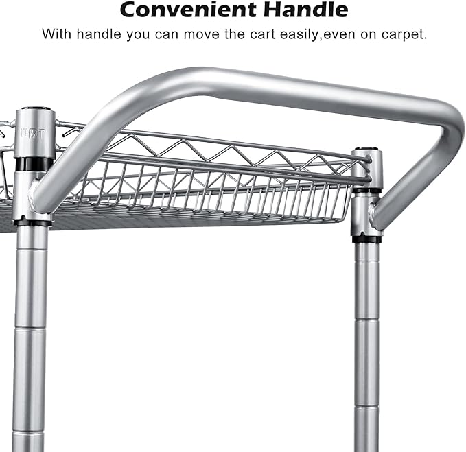 WDT Heavy Duty 3 Tier Utility Cart,Wire Rolling Carts with Wheels, Commercial Grade Service Cart with Shelving Liners and Handle Bar Metal Carts for Kitchen Office Hardware (750LBS Capacity Silver)