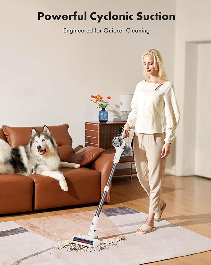 Cordless Vacuum Cleaner, 8-in-1 Lightweight Stick Vacuum with 45mins Runtime, Powerful Suction, Rechargeable Cordless Vacuum for Carpet, Tile, Pet Hair, Hardwood Floors, White
