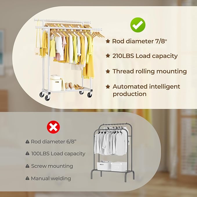 HYSEYY Double Rods Clothes Rack, Rolling Clothing Rack for Hanging Clothes Portable Wardrobe Rack, Metal Garment Rack Sturdy Coat Rack for Bedroom Laundry Living Room, White