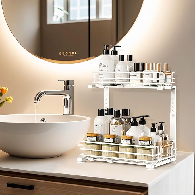 JYPS 2 Pack Under Sink Organizer, 2 Tier Pull Out Under Kitchen Bathroom Sink Organizer and Storage, Metal Sliding Drawer for Cabinet Pantry Undersink Organizers Shelf