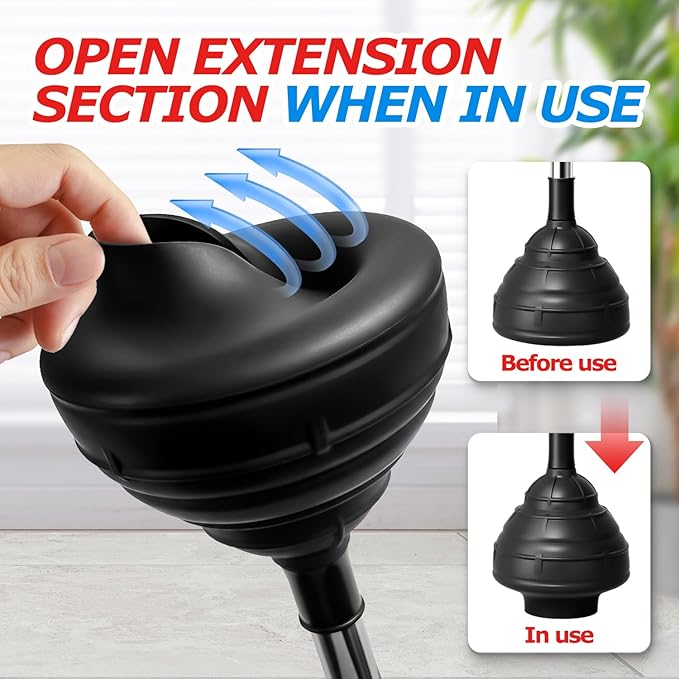 Heavy Duty Toilet Plunger - Powerful Clog Removal,Plungers for Bathroom,Bathroom Accessories,Cleaning Supplies,Home Essentials,Bathroom Decor,Toilet Bowl Cleaners,Black