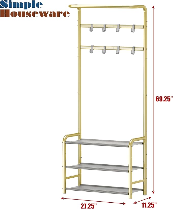 SIMPLE HOUSEWARE Coat Rack with Storage Shelf, Freestanding Hall Tree with Hooks for Entryway, Bedroom, Office, Black Metal Clothes Hanger Stand for Coats, Hats, Jackets, Bags - Champagne Gold