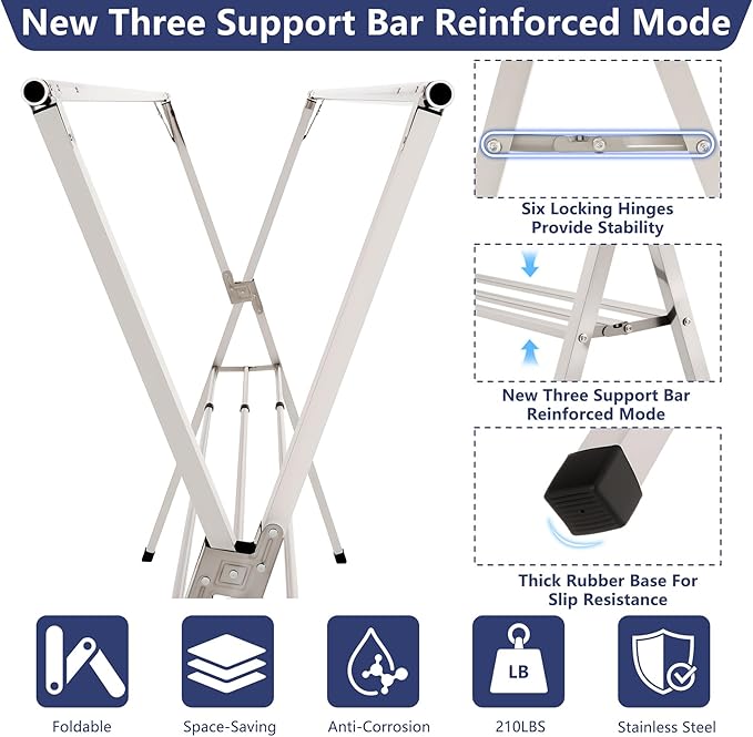 79 inches Foldable Clothes Drying Rack, Heavy Duty Stainless Steel Laundry Drying Rack for Indoor Outdoor, Clothes Rack Adjustable Length. 3 Additional Reinforcement Bars with 20 Windproof Hooks