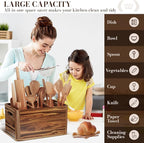 Yirilan Wooden Kitchen Utensil Holder for Counter, Acacia Wood Utensil Holder for Storage Cooking and Silverware with 3 Compartment, Rustic Wooden Organizer Container