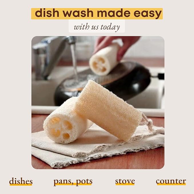 Natural Loofah Dish Sponge (Pack 4) - Vegetable Scrubber for Kitchen - 100% Biodegradable Compostable Dishwashing Scouring Pad Zero Waste