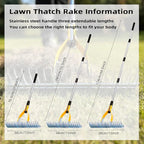 Thatch Rake 15 Inch Wide Efficient Dethatcher Rake for Cleaning Dead Grass, Combs Turf & Loosens Soil, Steel Metal Grass Rakes with Stainless Steel Handle Versatile Leveler &Cleans for Garden