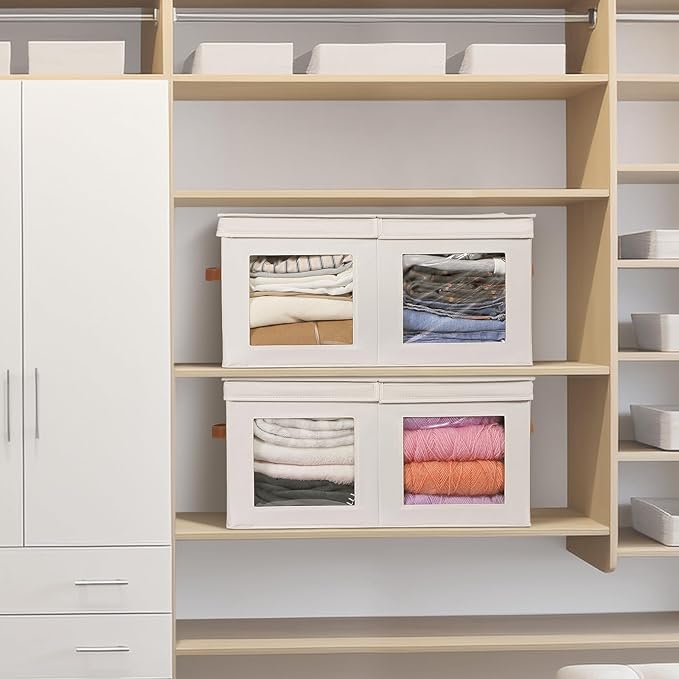 Univivi Large Storage Boxes with Lids, Collapsible Foldable Storage Bins for Clothes, [1-Pack] Fabric Storage Cubes with Handles, Closet Organizers for Home, Bedroom (Beige, 24” x 17” x 12")