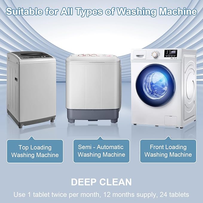 Washing Machine Cleaner, Deodorizer, & Descaler 24-Pack- Deep Cleaning Tablets for HE Front Loader & Top Load Washer, Septic Safe Eco-Friendly