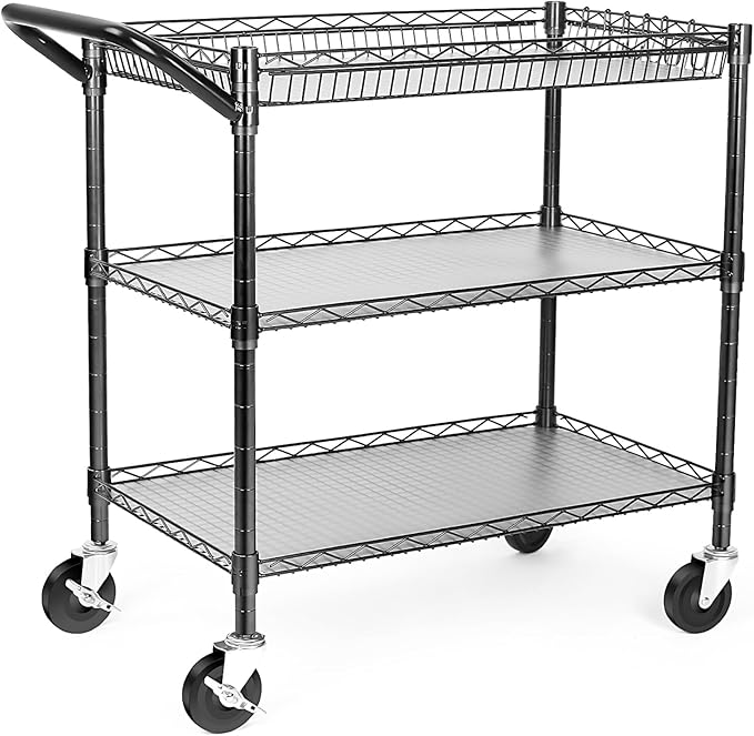 WDT Heavy Duty 3 Tier Utility Cart,Wire Rolling Cart with Wheels, Commercial Grade Service Cart with Shelving Liners and Handle Bar Metal Carts for Kitchen Office Hardware (990LBS Capacity Black)