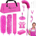 Microfiber Dusters for Cleaning, Feather Dusters with Extension Pole, Bendable & Washable Dusters for High Ceiling Fan, Blinds, Cars, Furniture, Cleaning Tools Kit Pink Gift for Women (15 PCS)
