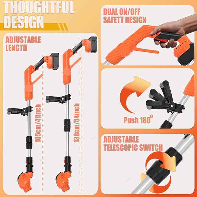 Electric Weed Wacker Cordless Eater Battery Powered 21V Lightweight No-String Weed Trimmer 3 in 1 Stringless Grass Trimmer/Edger/Brush Cutter with 3 Types Blade & Wheels for Yard and Garden-Orange