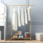 Industrial Pipe Clothing Rack, Heavy Duty Metal Clothes Rack With Wheels, Rolling Garment Rack with Bottom Shelf for Home Boutique Use (Gold)
