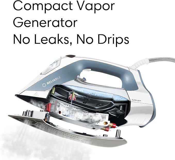 Reliable Velocity 180IR Patented Compact Vapor Generator Steam Iron with no leak or drip technology. Perfect for Clothes, Sewing, Quilting and Crafting, Ceramic Soleplate, Continuous Steam Ironing