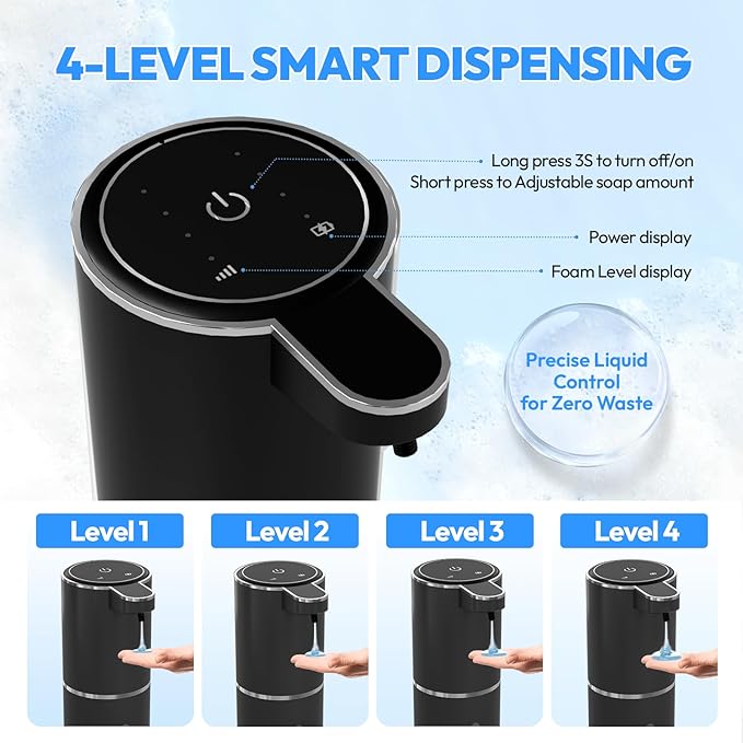 Automatic Soap Dispenser Touchless,Liquid Hand Soap Dispenser 12.8oz USB 4levels Adjustable Dispenser Electric Wall Mounted Smart for Bathroom and Kitchen Dish Soap，Easy for Toddlers(Black)