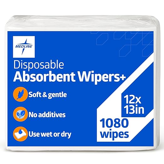 Medline Absorbent Wipers+ Disposable Heavy Duty Dry Wipes, 12" x 13" (90 Count, 12 Pack)